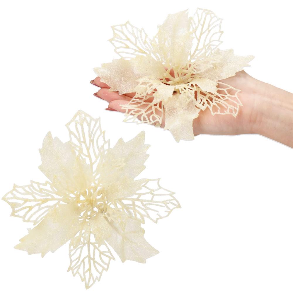 Set 10 ornamente pentru bradul de Craciun, stea Poinsettia, 16cm, crem [7]