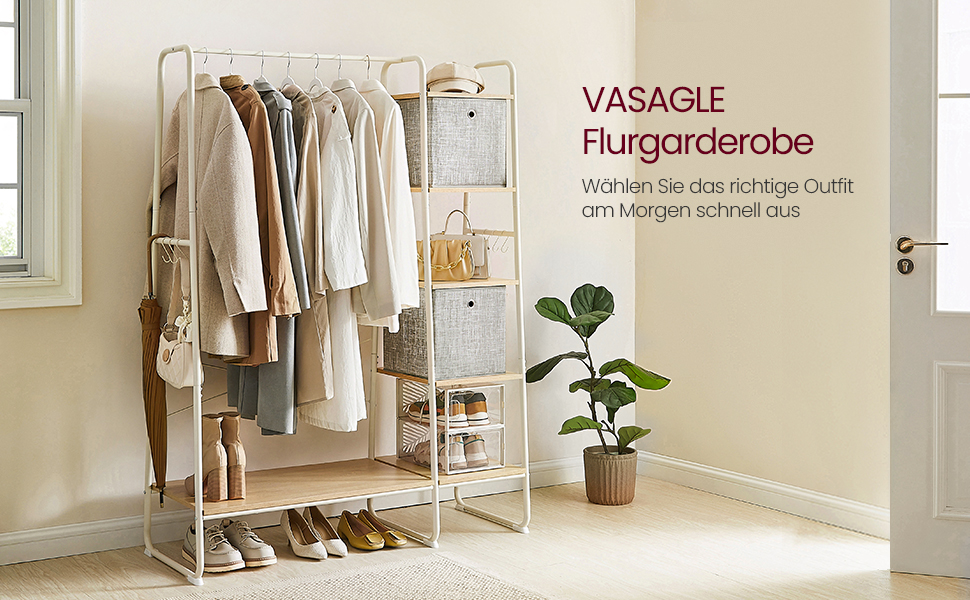 VASAGLE Raft pentru haine cu suport pentru pantofi, 5 polite, 6 carlige laterale, 45x120x160cm, alb [8]