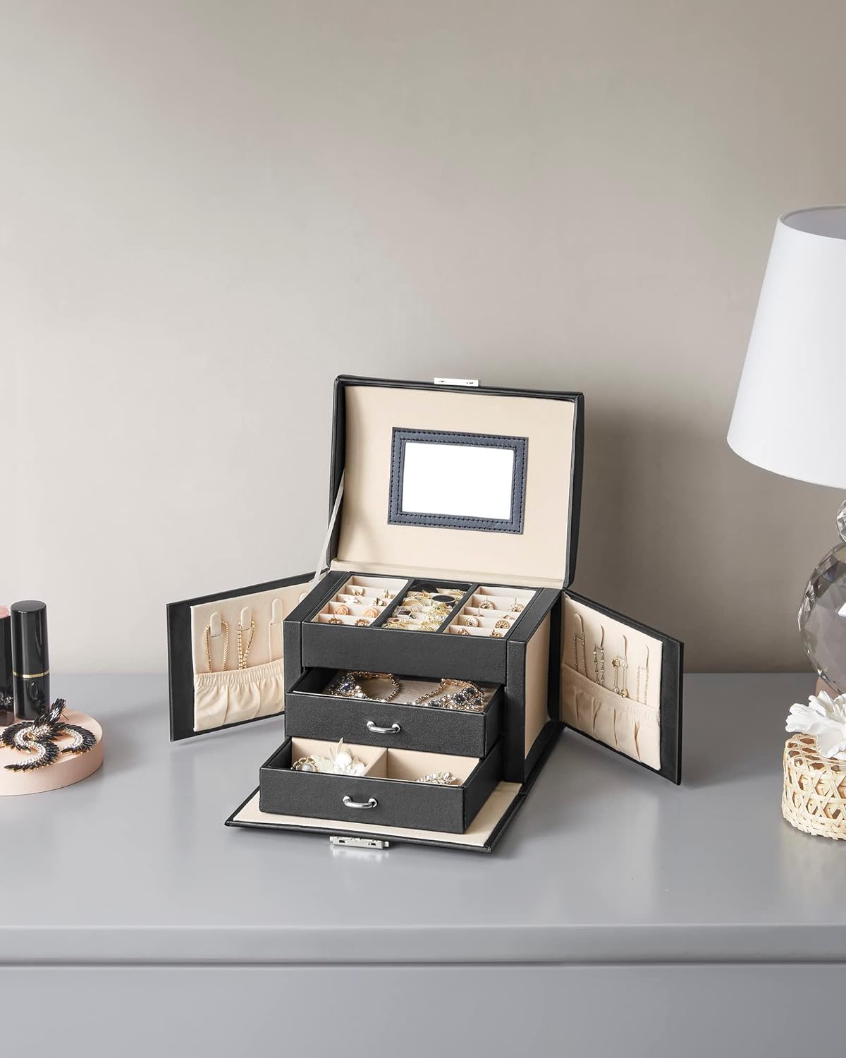 SONGMICS Cutie de bijuterii cu 3 nivele, 2 sertare, oglinda si incuietoare, 14x18x14cm, negru [7]