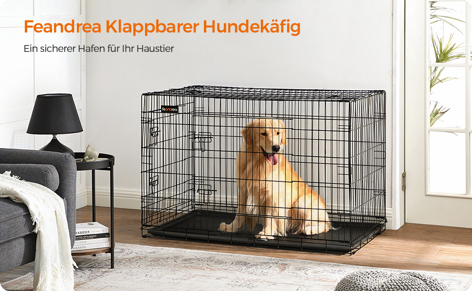 FEANDREA Cusca pentru animale, 2 usi, pliabila din metal, tava detasabila, XXL, 122x75x81cm, negru [8]
