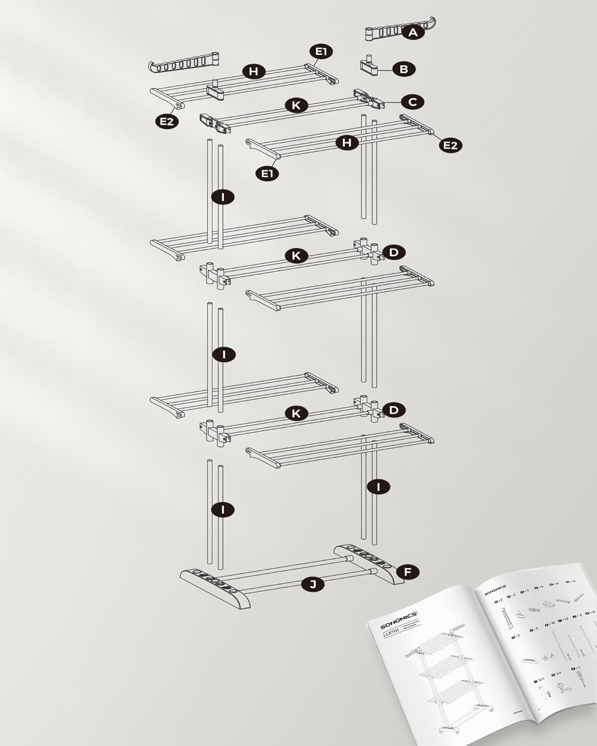 SONGMICS Uscator vertical pentru rufe, mobil si pliabil, cu doua umerase, 64x126x172 cm, sarcina 35kg [7]