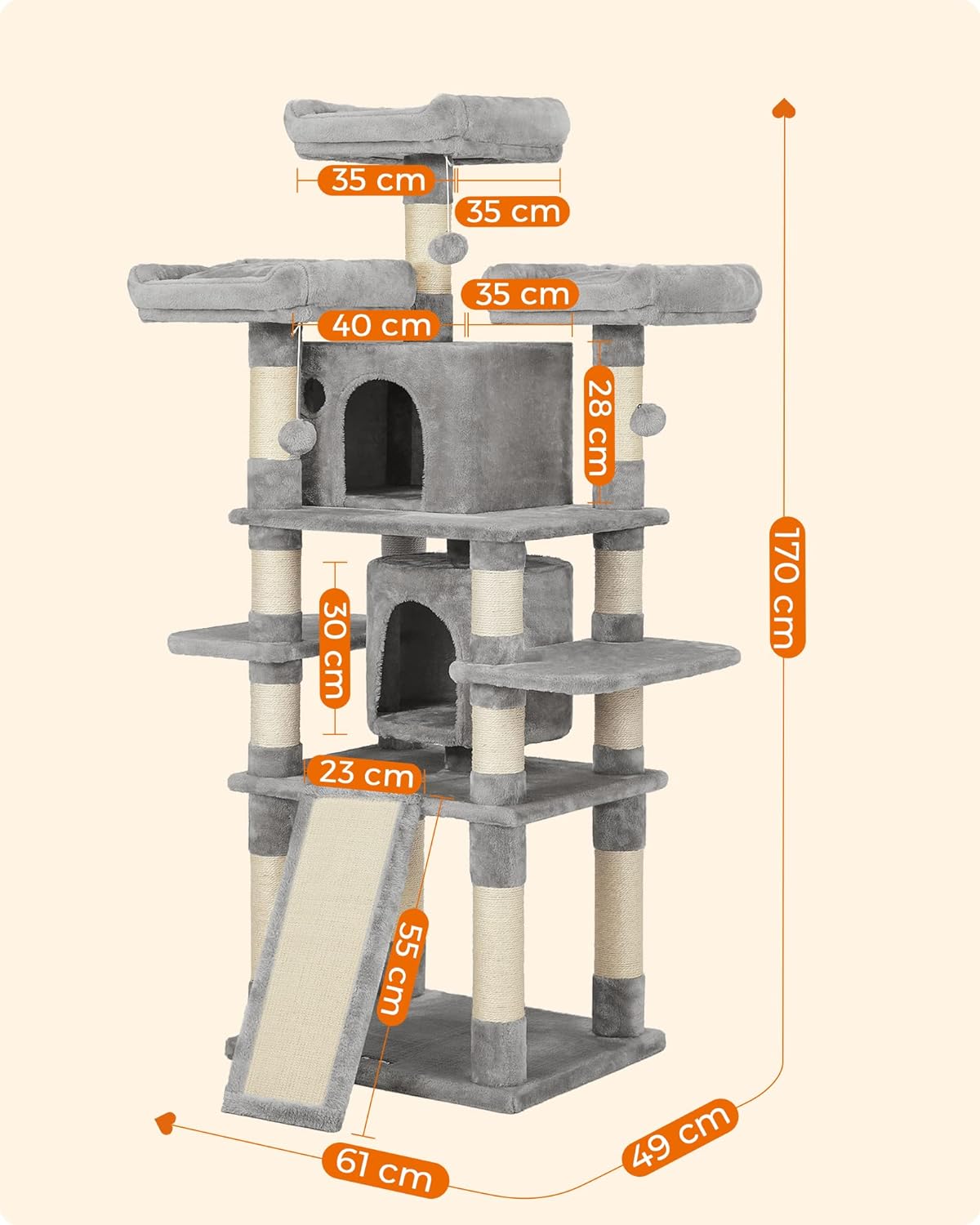 FEANDREA Ansamblu de joaca pentru pisici, tip copac, cu 3 culcusuri si 2 ascunzatoare, 61x49x170cm, gri deschis [8]