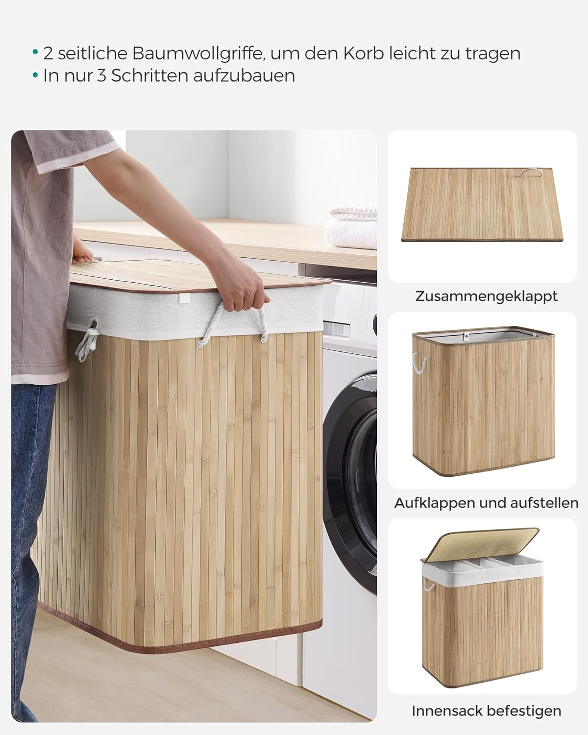 SONGMICS Cos de rufe din bambus, pliabil, cu captuseala detasabila lavabila, 3 compartimente, 150L, 60x40x60cm, natural [9]