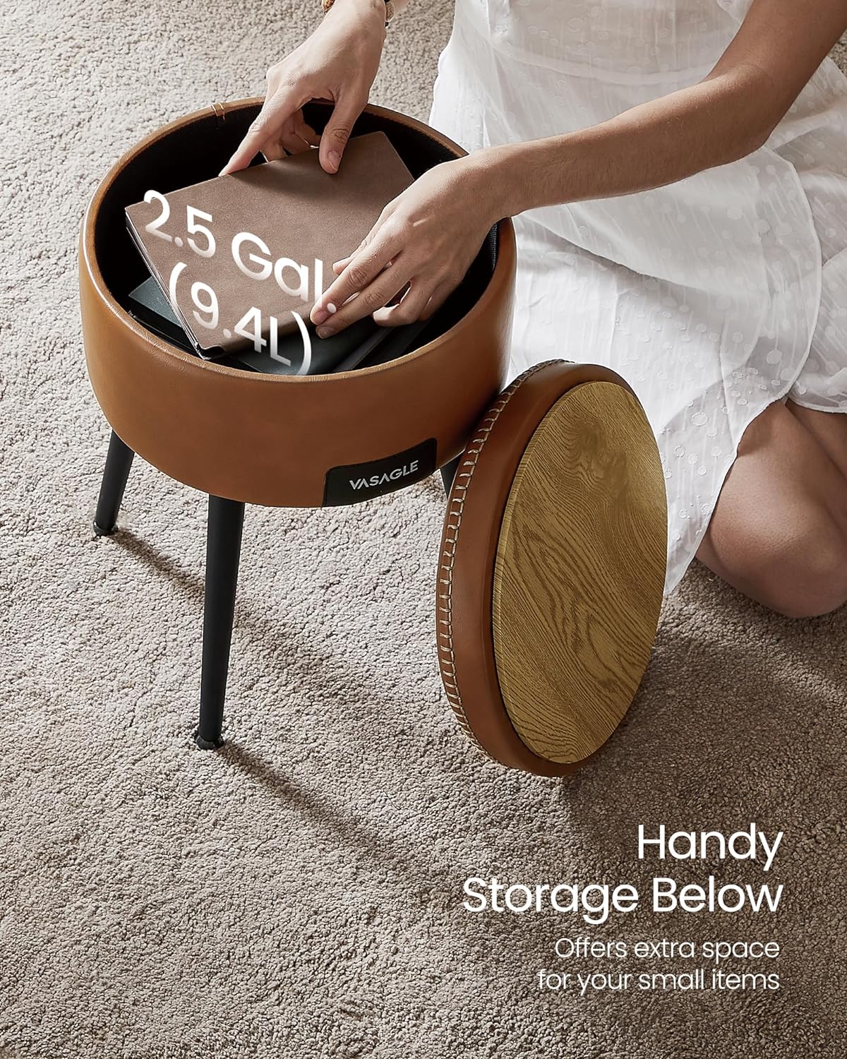 VASAGLE Taburet cu spatiu de depozitare, tapitat PU, cu 2 fete, diametru 32 cm, maro [8]