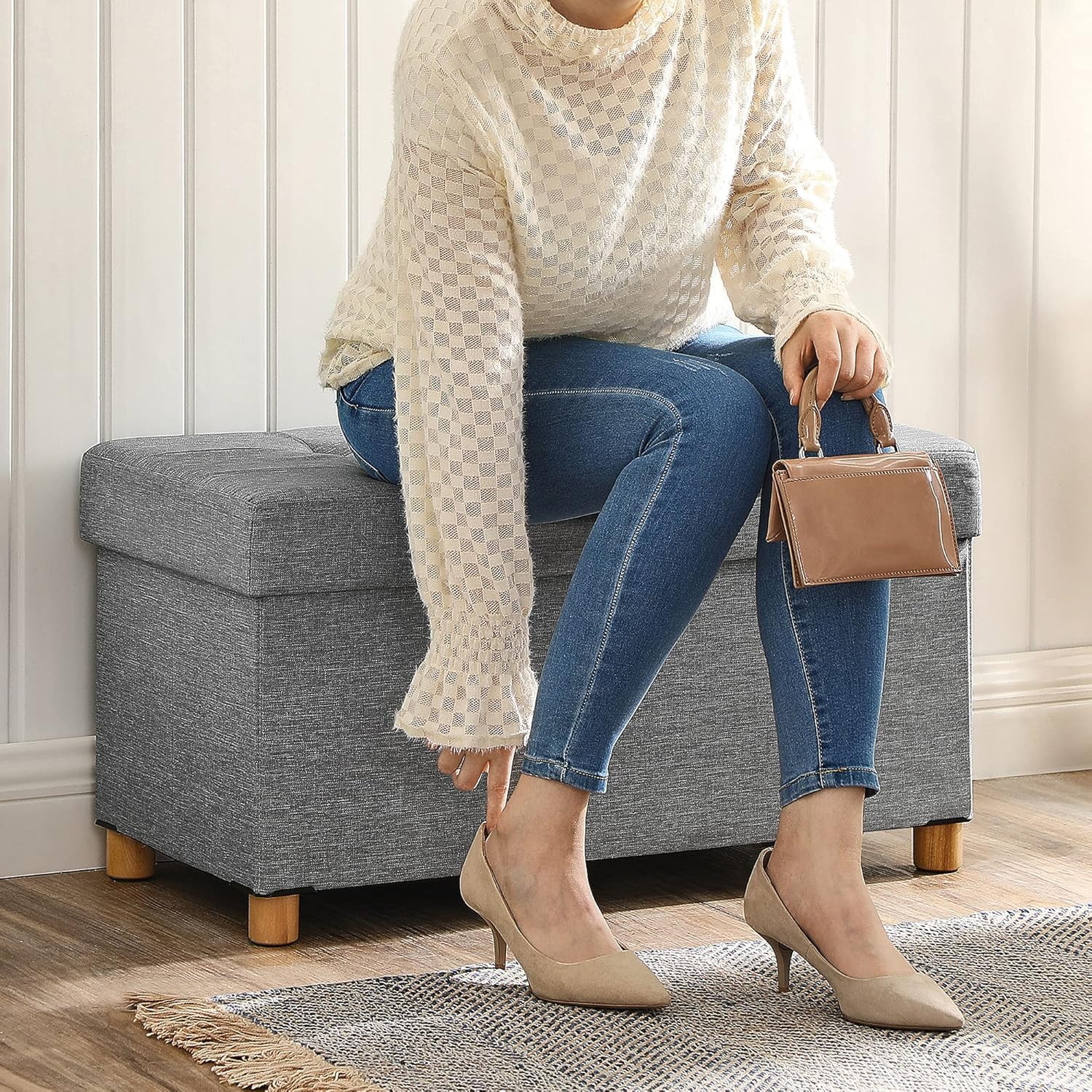 SONGMICS Taburet pliabil cu sezut moale, spatiu de depozitare, maxim 300 kg, 76x38x40 cm, gri deschis [8]