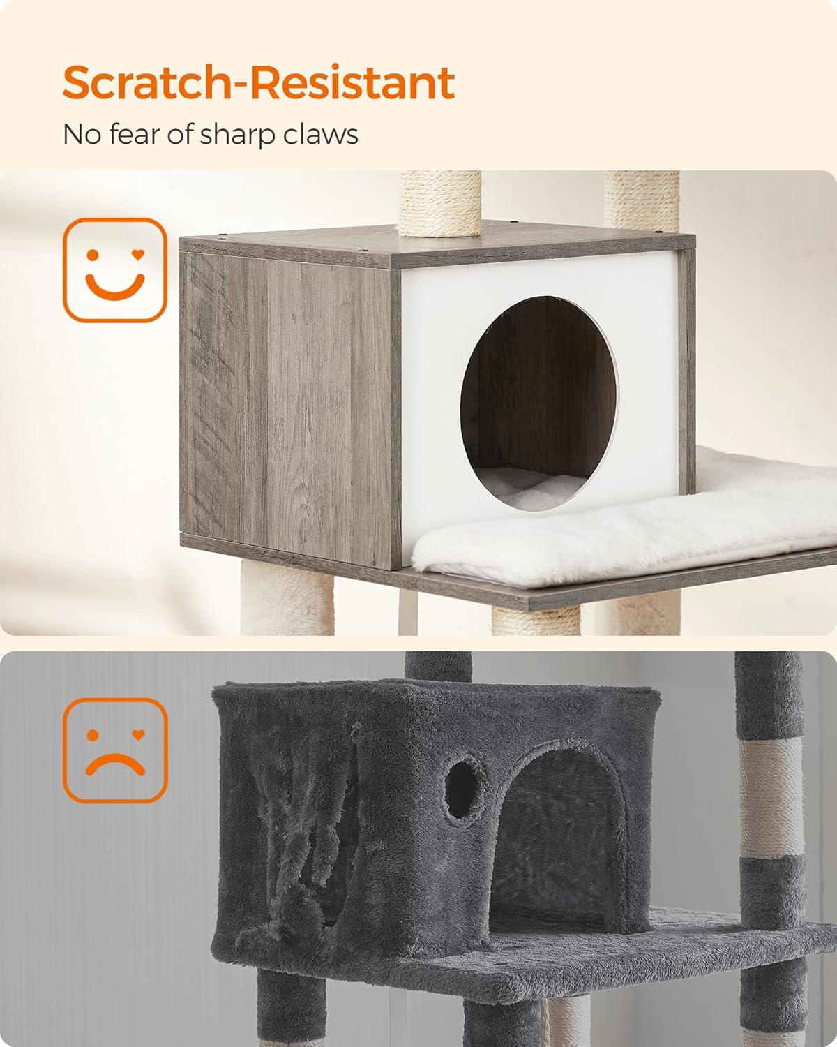 FEANDREA Ansamblu de joaca pisici, tip copac, cu culcusuri, ascunzatoare si hamac, 55x45x138 cm, alb si gri [8]