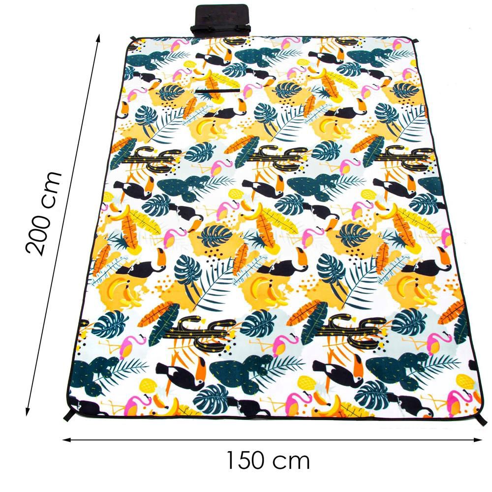 Patura pentru picnic sau plaja, cu folie izolatoare si maner, 150x200cm, model tropical, alb verde [8]