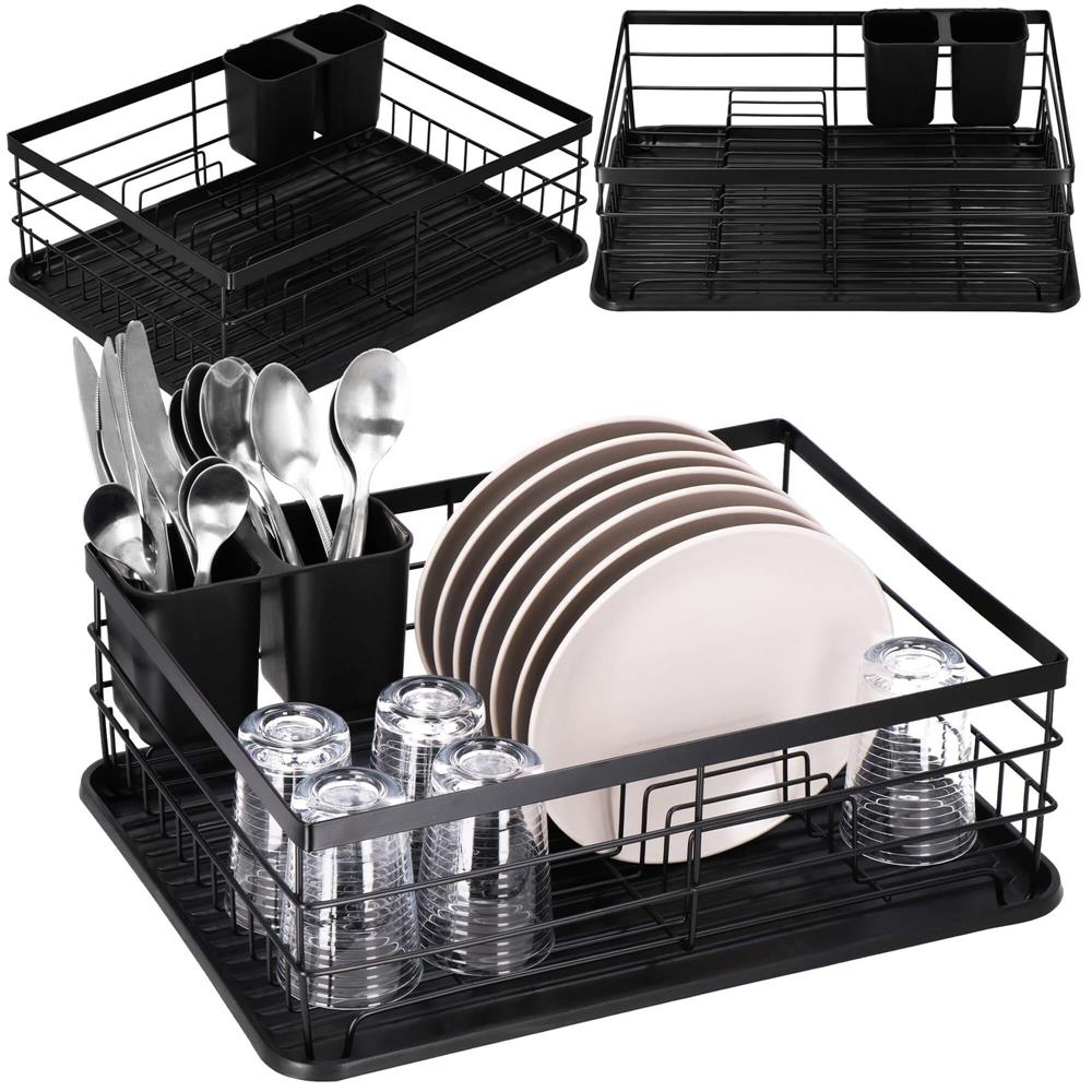 Uscator de vase cu suport tacamuri, din otel, cu tava de scurgere, 42x32x15cm, negru [9]