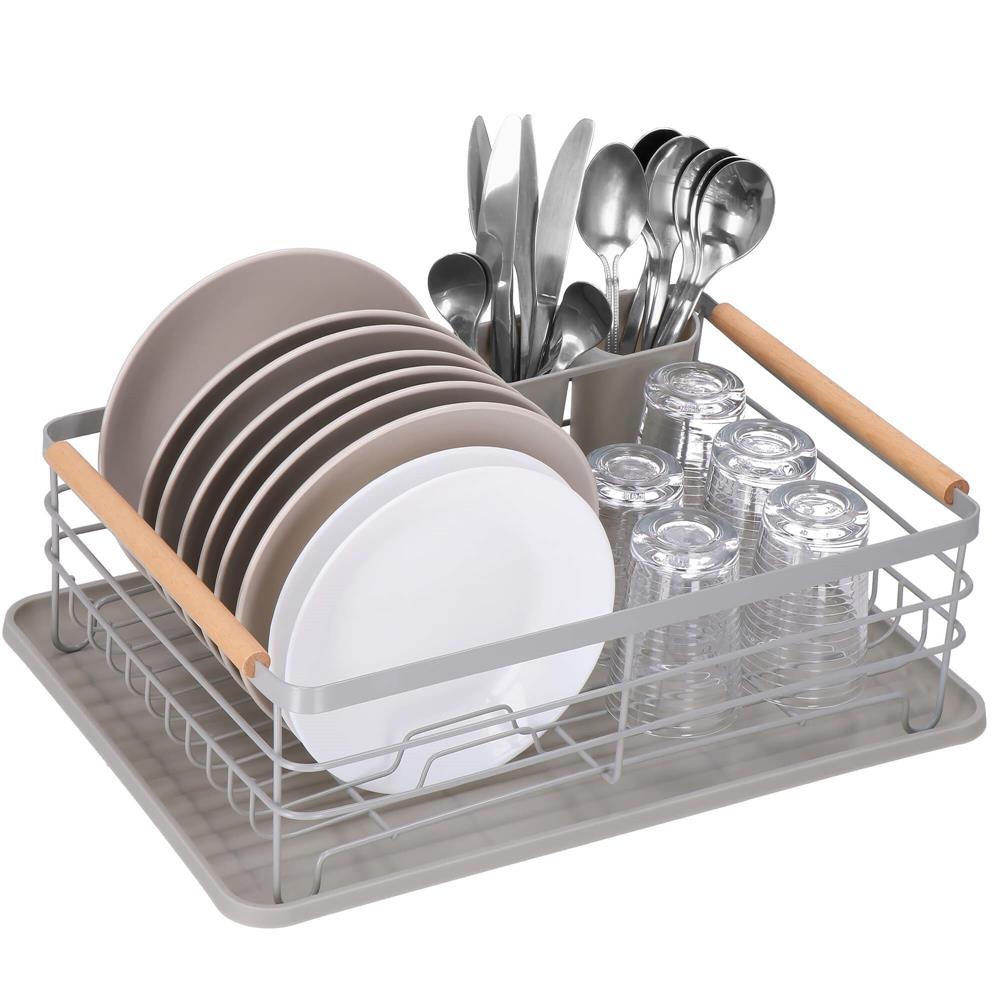 Uscator de vase cu suport tacamuri, din otel, cu tava de scurgere, manere lemn, 42x32x15cm, gri [9]