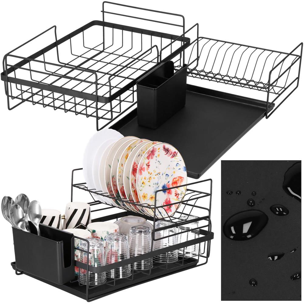 Uscator de vase cu suport tacamuri, din otel, pe 2 nivele, cu tava de scurgere, 50x30x24cm, negru [9]