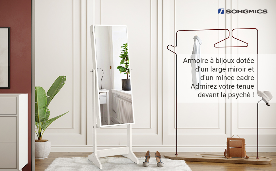 SONGMICS Oglinda de podea cu suport, din MDF, spatiu de depozitare, 41x37x152 cm, alb [8]
