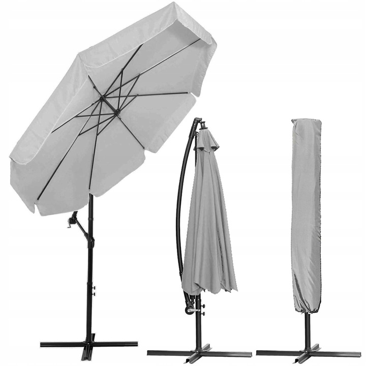 Umbrela de gradina cu brat lateral banana, cu husa, 300cm, gri deschis [9]