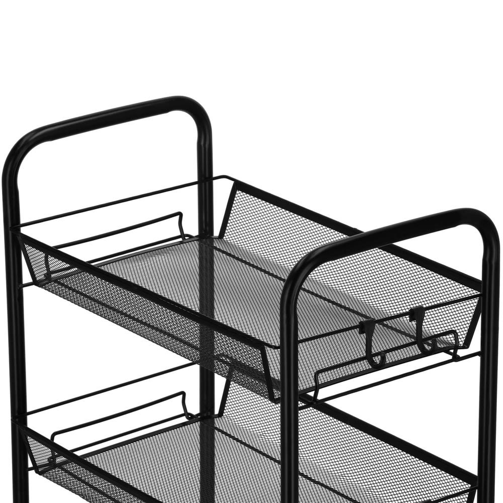 Raft metalic mobil tip carucior pentru bucatarie, 4 polite si 4 agatatori, negru, 44x26x85cm [9]