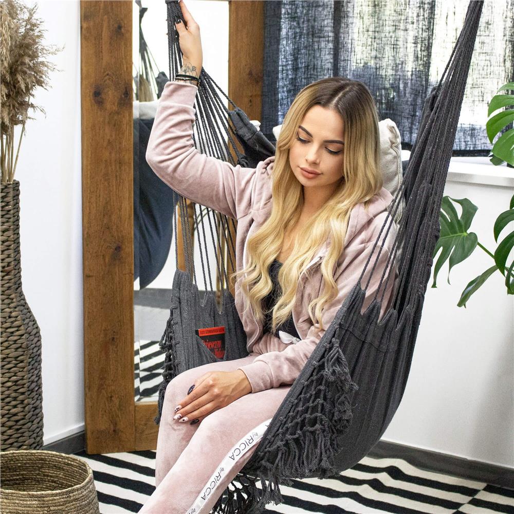 Hamac tip leagan suspendat pentru casa sau gradina, gri cu perne, 130x100cm, 150kg [9]