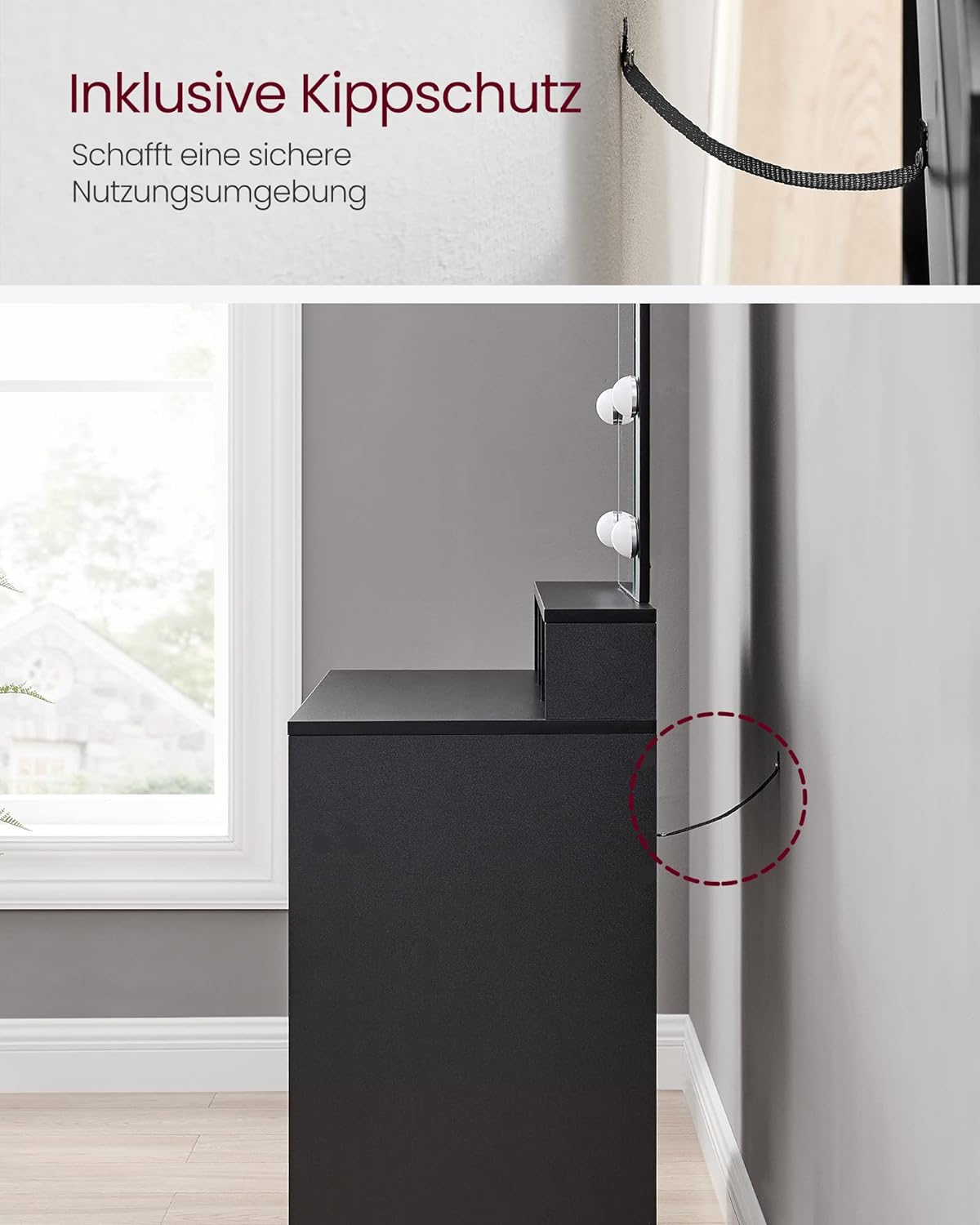 VASAGLE Masa de toaleta cu iluminare LED, cu oglinda, luminozitate reglabila, cu 2 sertare, 80x40x145cm, negru [8]