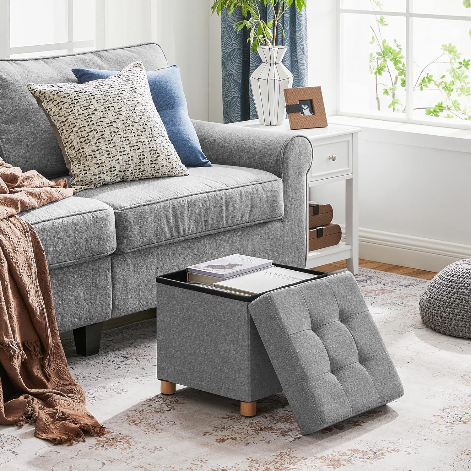 SONGMICS Taburet pliabil cu sezut moale, spatiu de depozitare, maxim 300kg, 38x38x40cm, gri [8]