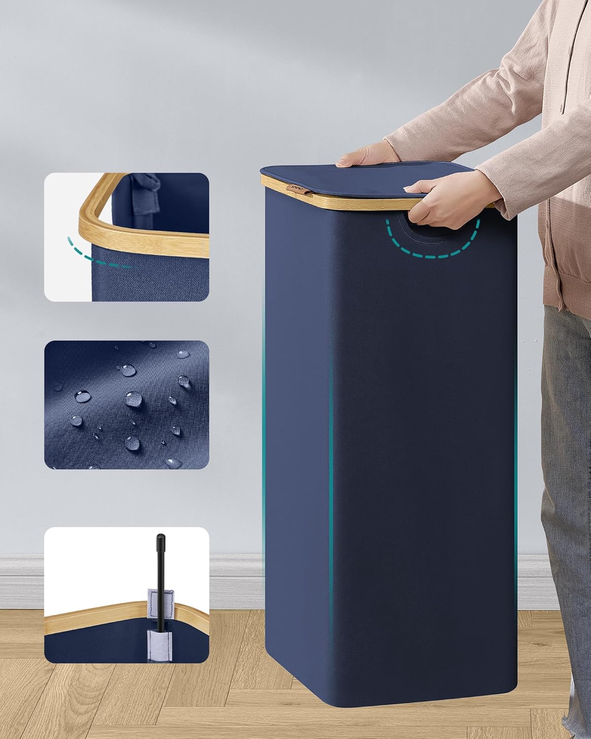 SONGMICS Cos de rufe textil, pliabil, compartiment detasabil, 90L, 42x32x71 cm, albastru [8]