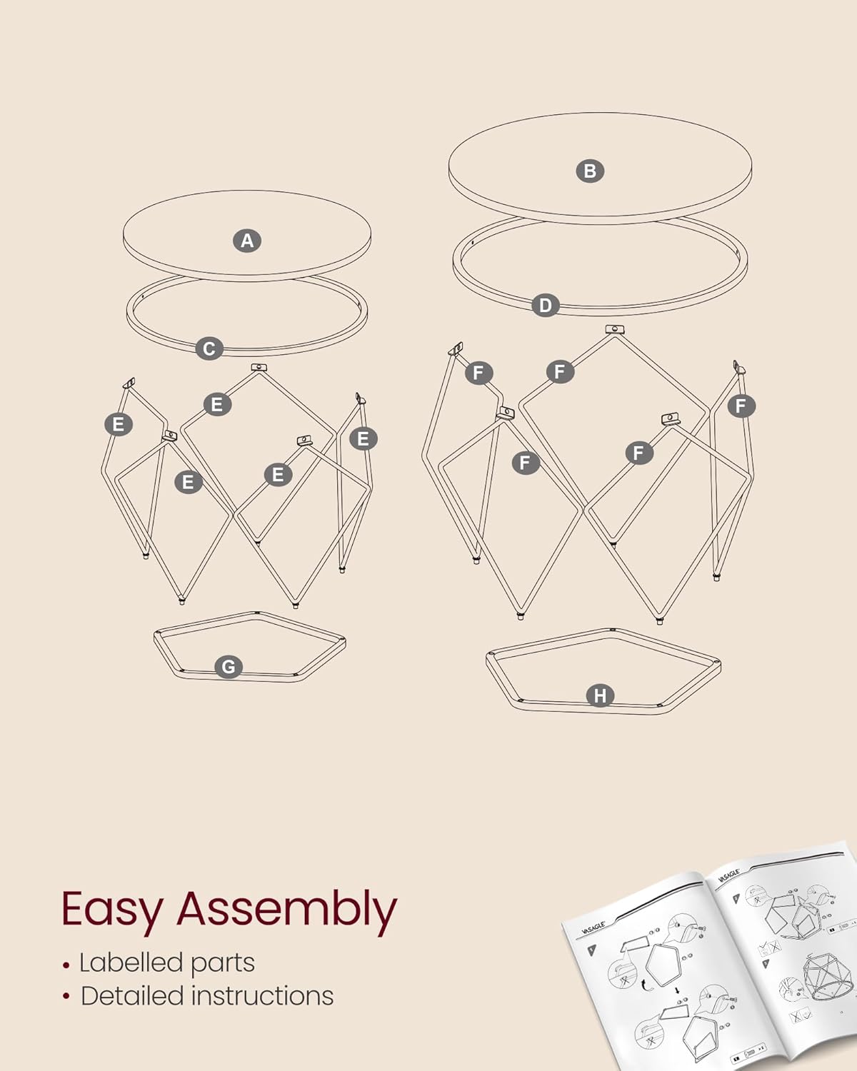 VASAGLE Set de 2 mese de cafea rotunde, cadru otel si blat detasabil, 40cm si 50cm, alb si maro [8]