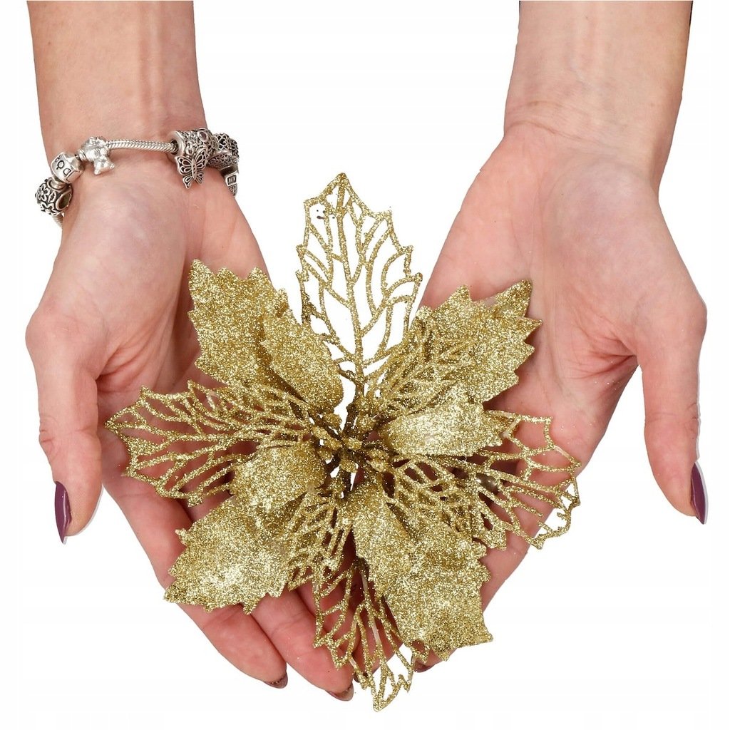 Set 10 ornamente pentru bradul de Craciun, stea Poinsettia, 16cm, galben auriu [8]