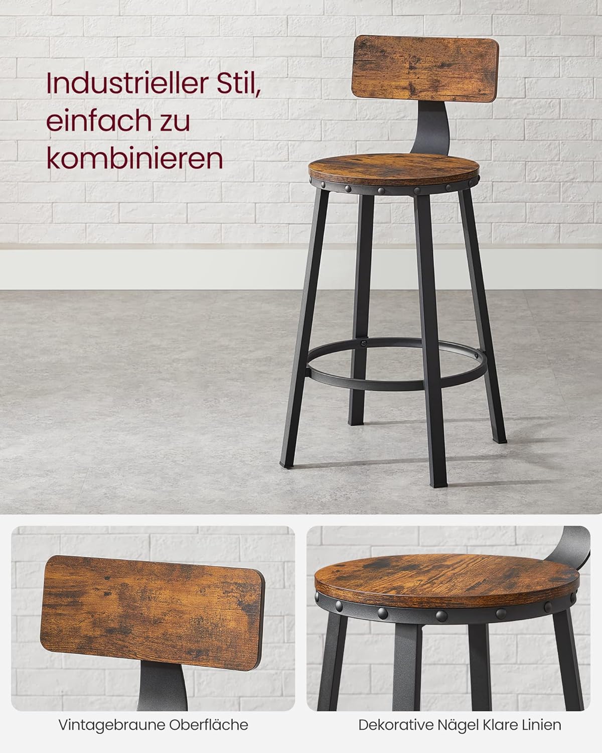VASAGLE Set de 2 scaune de bar inalte cu spatar, cadru din otel, industrial, 51x89cm, maro rustic [8]