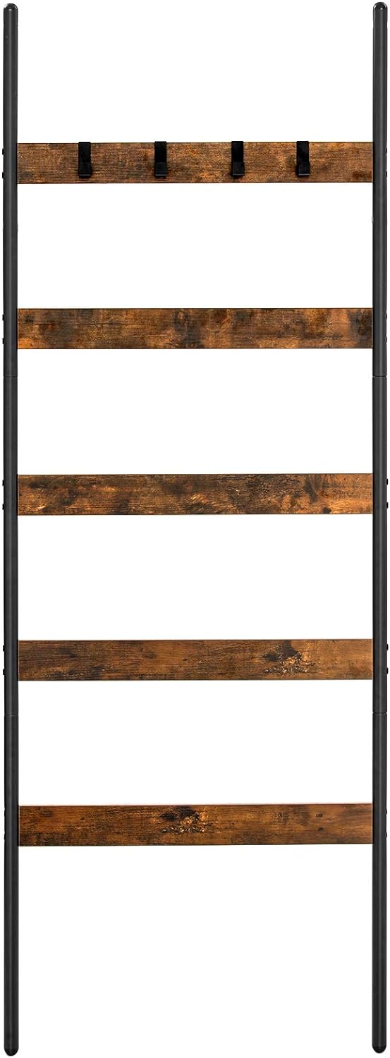 VASAGLE Cuier baie tip scara inclinata, cadru din otel cu 5 nivele, agatatori detasabile, 65x178cm, maro rustic si negru [7]