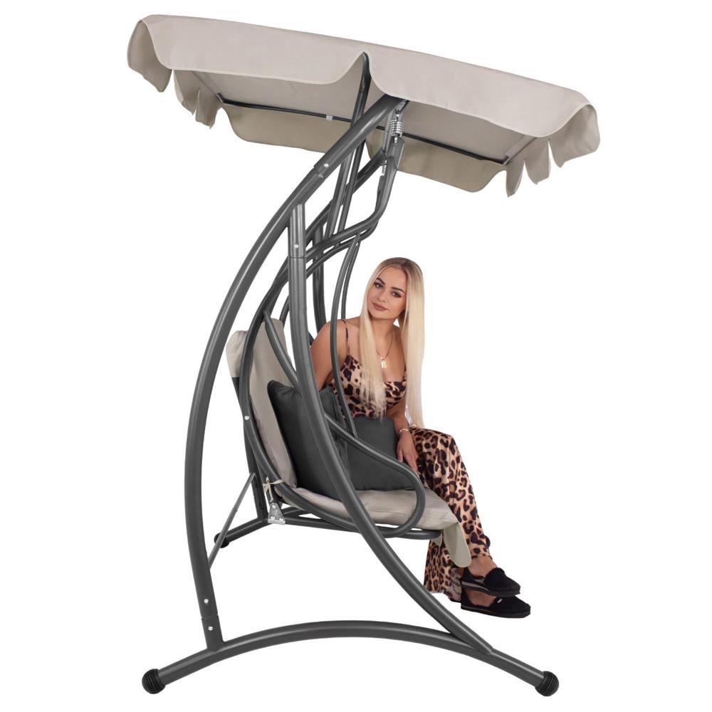 Leagan de gradina 190x115x176 cm, pentru 3 persoane, copertina reglabila, perne incluse, cadru otel si material impermeabil, bej [9]