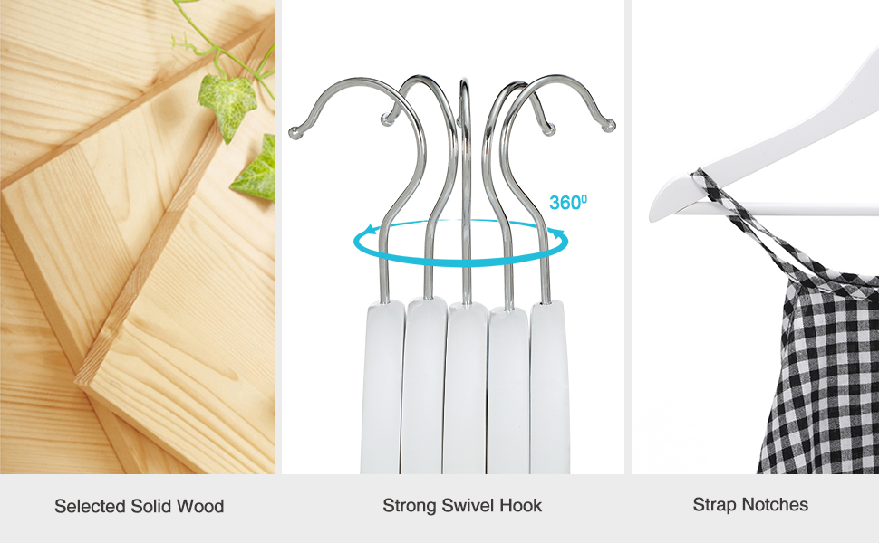 SONGMICS Umerase copii 35x20 cm, set 20 buc, lemn masiv cu bara pentru pantaloni si carlig rotativ, alb [8]