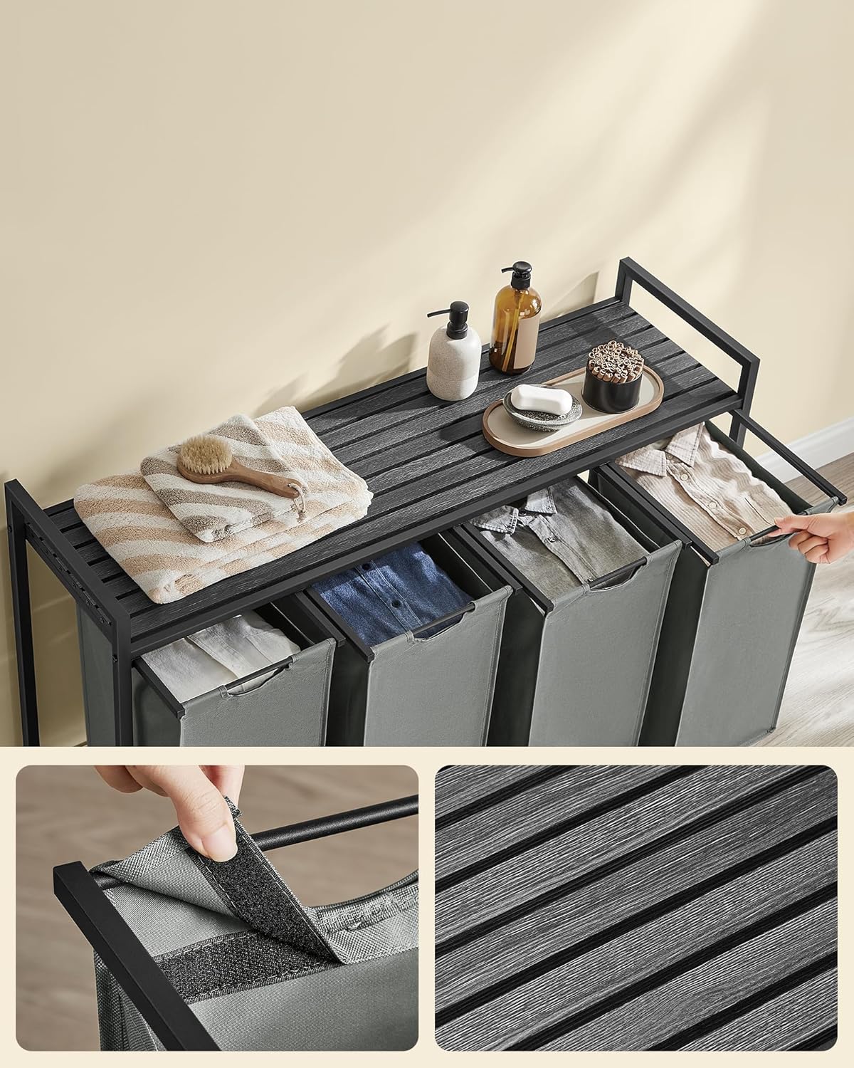 VASAGLE Cos rufe 4x40L, saci detasabili, raft superior si cadru metalic, 116x33x72 cm, negru si gri [5]