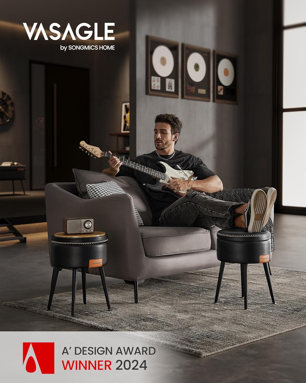 VASAGLE Taburet cu spatiu de depozitare, tapitat PU, cu 2 fete, diametru 32 cm, negru [9]