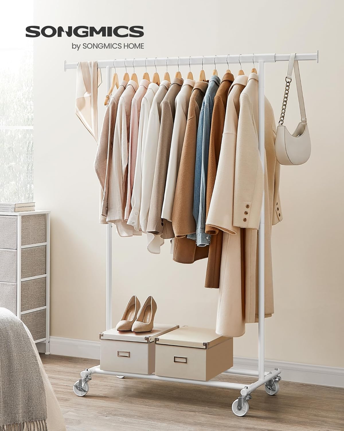 SONGMICS Suport pentru haine cu sina superioara extensibila, pe roti, reglabil pe latime, 45x(92-132)x160cm, alb [7]
