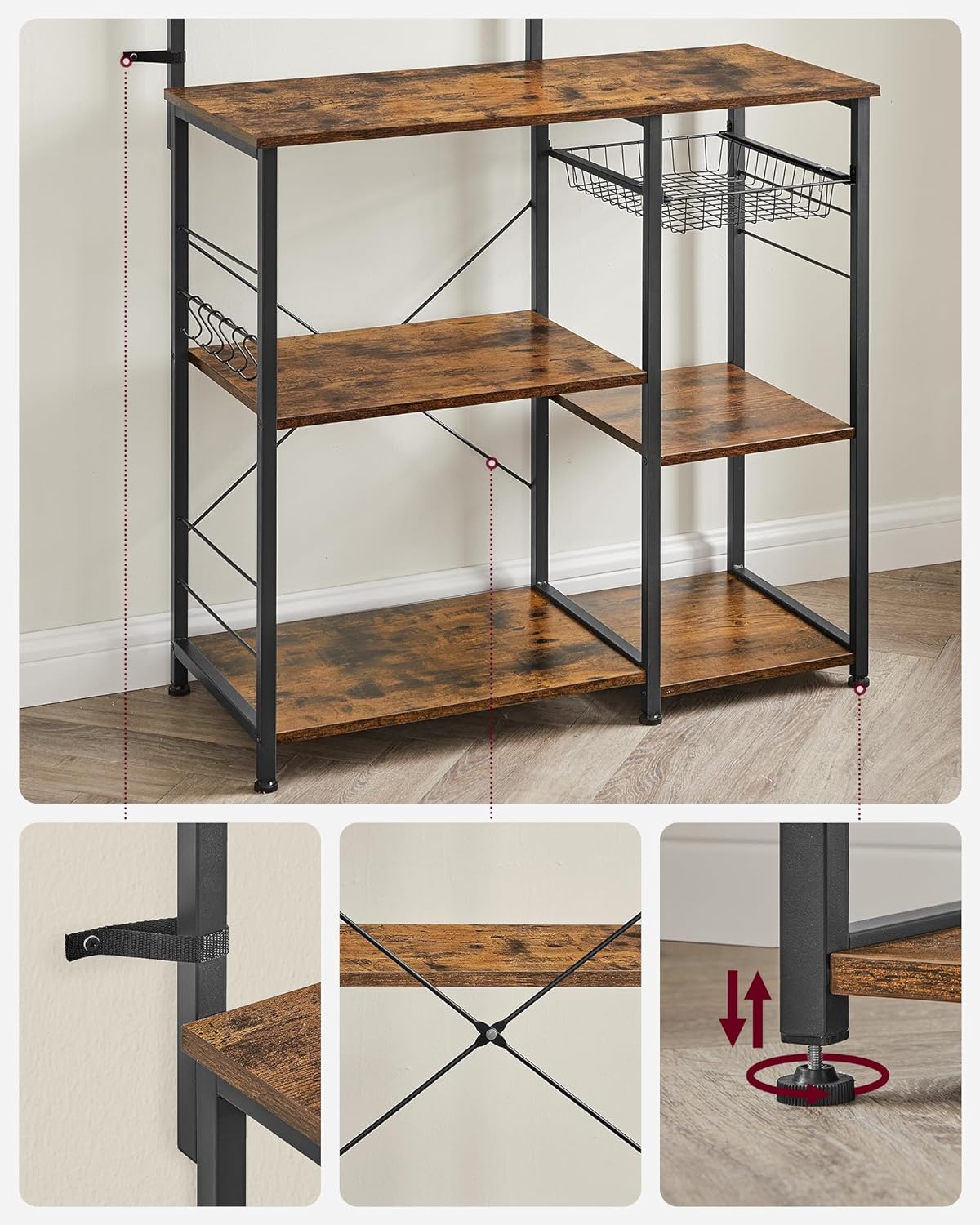 VASAGLE Raft de bucatarie, suport pentru cuptorul cu microunde, cos de sarma, 6 carlige S, 39x90x132cm, maro rustic [13]