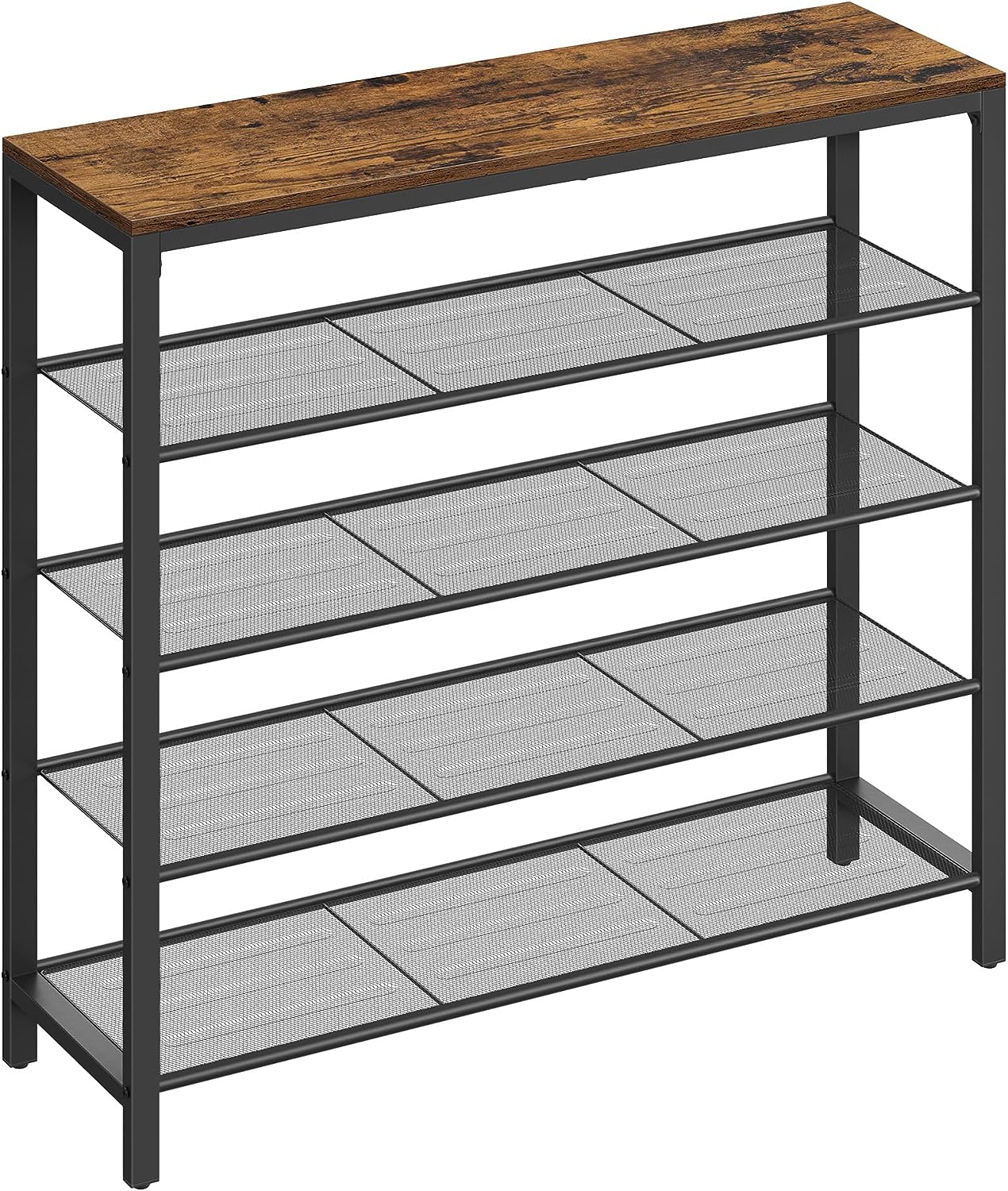VASAGLE Raft de pantofi, cu 4 rafturi din plasa, cadru din otel, industrial, 30x100x92cm, maro rustic si negru [7]