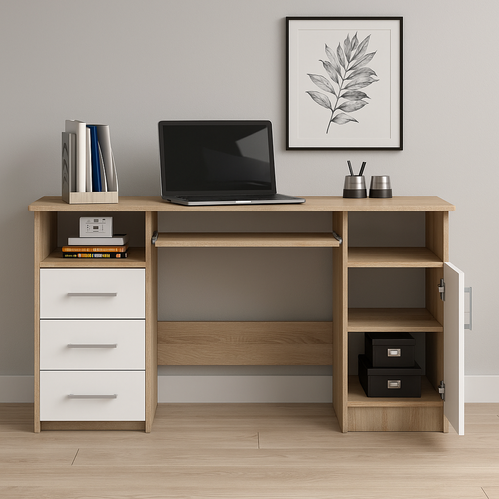 Birou ANA pentru calculator, cu 3 sertare si 1 usa, 124x52x74 cm, stejar sonoma si alb [7]