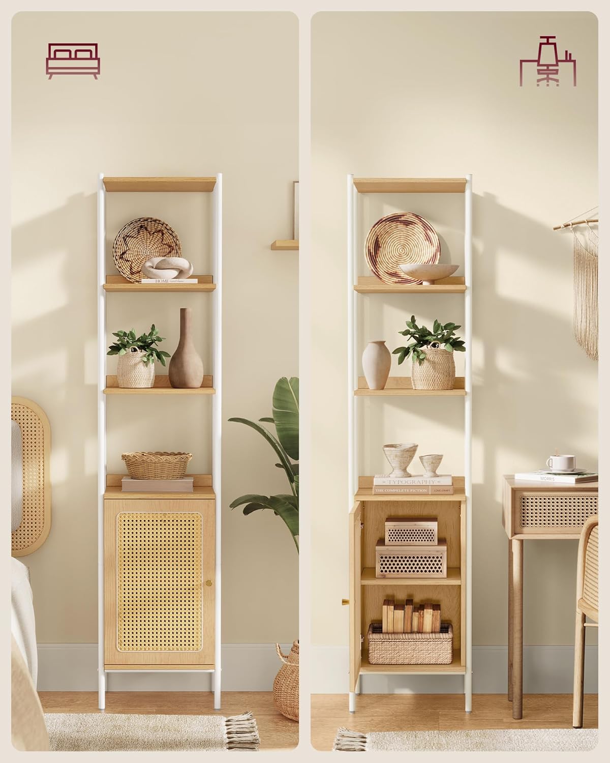 VASAGLE Biblioteca cu 6 etaje, cadru metalic, usa cu efect ratan Boho, 30x40x175 cm, alb si bej [9]