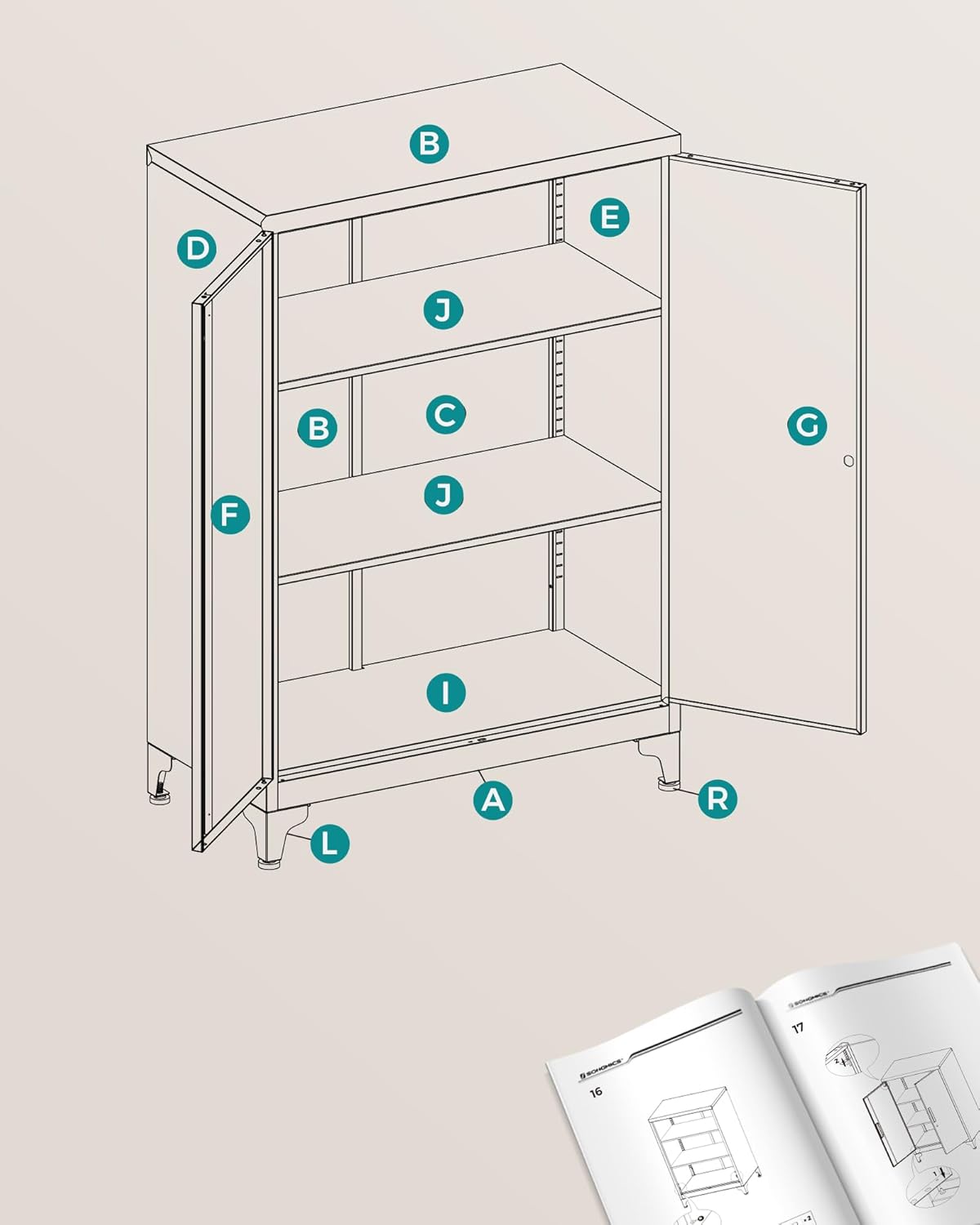 SONGMICS Dulap de birou multifunctional, din otel, 2 usi cu incuietoare, 40x60x90 cm, negru [8]