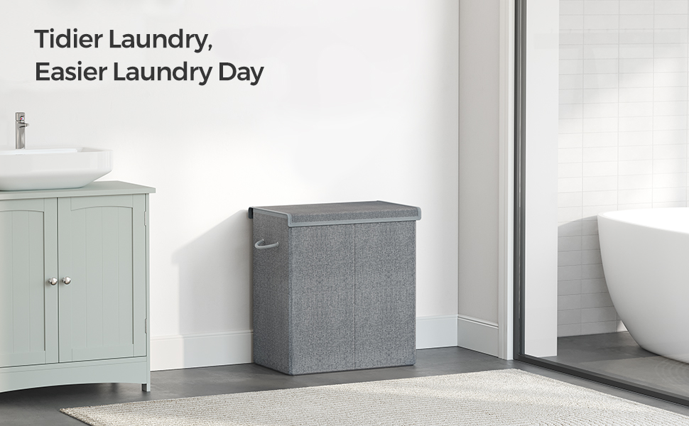 SONGMICS Cos de rufe textil, pliabil, 2 compartimente, saci detasabili, 142L, 60x36x66cm, gri [10]