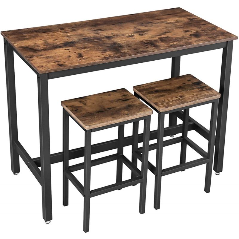 Mese living si bucatarie - VASAGLE Set masa de bar cu 2 scaune, cadru din otel, blat lemn, stil industrial, 120x60x90cm, maro rustic
