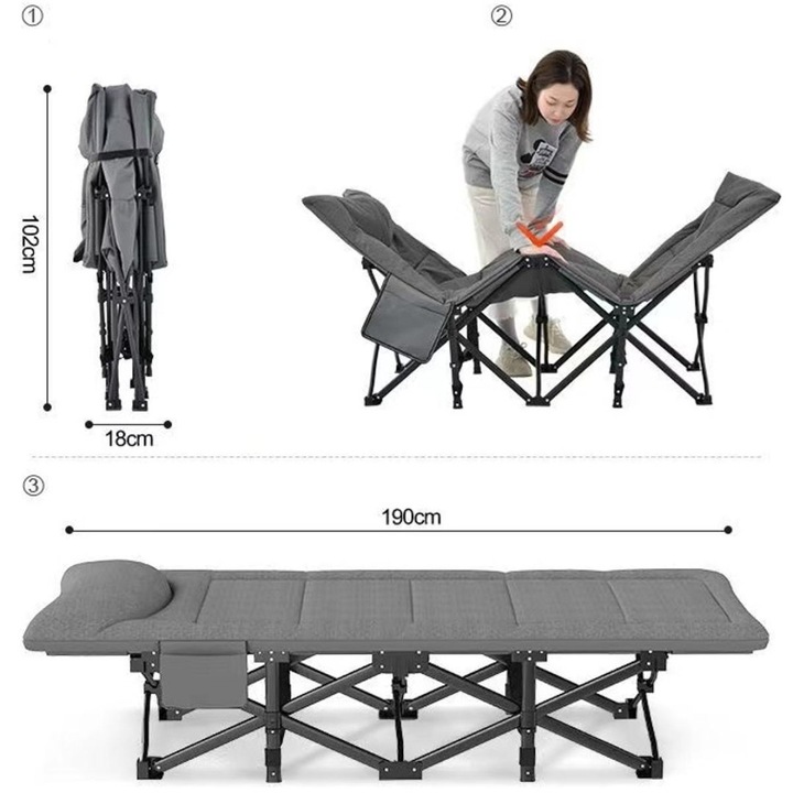 Pat pliant pentru camping, cu saltea si perna, structura metalica, 190x70x37cm, gri [10]