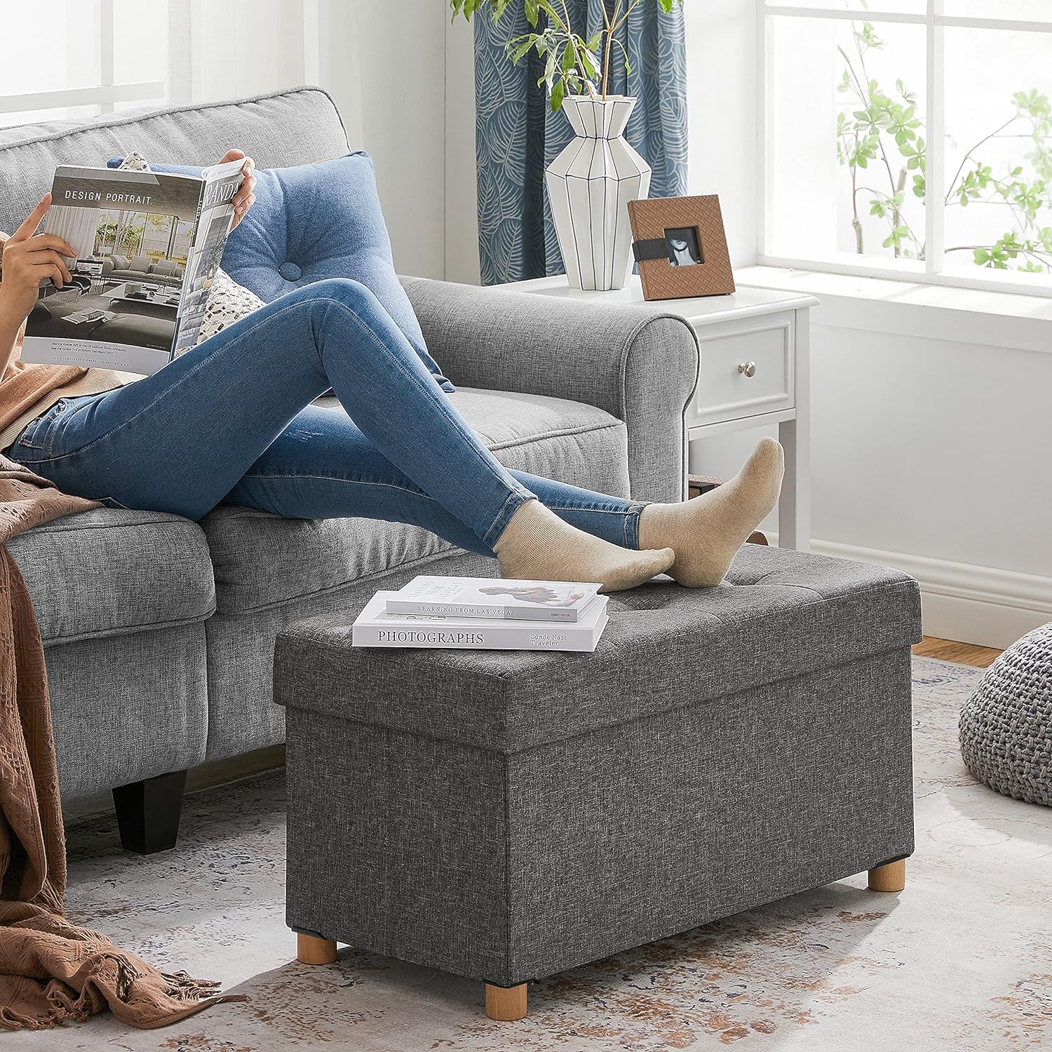 SONGMICS Taburet pliabil cu sezut moale, spatiu de depozitare, maxim 300kg, 76x38x40cm, gri inchis [9]