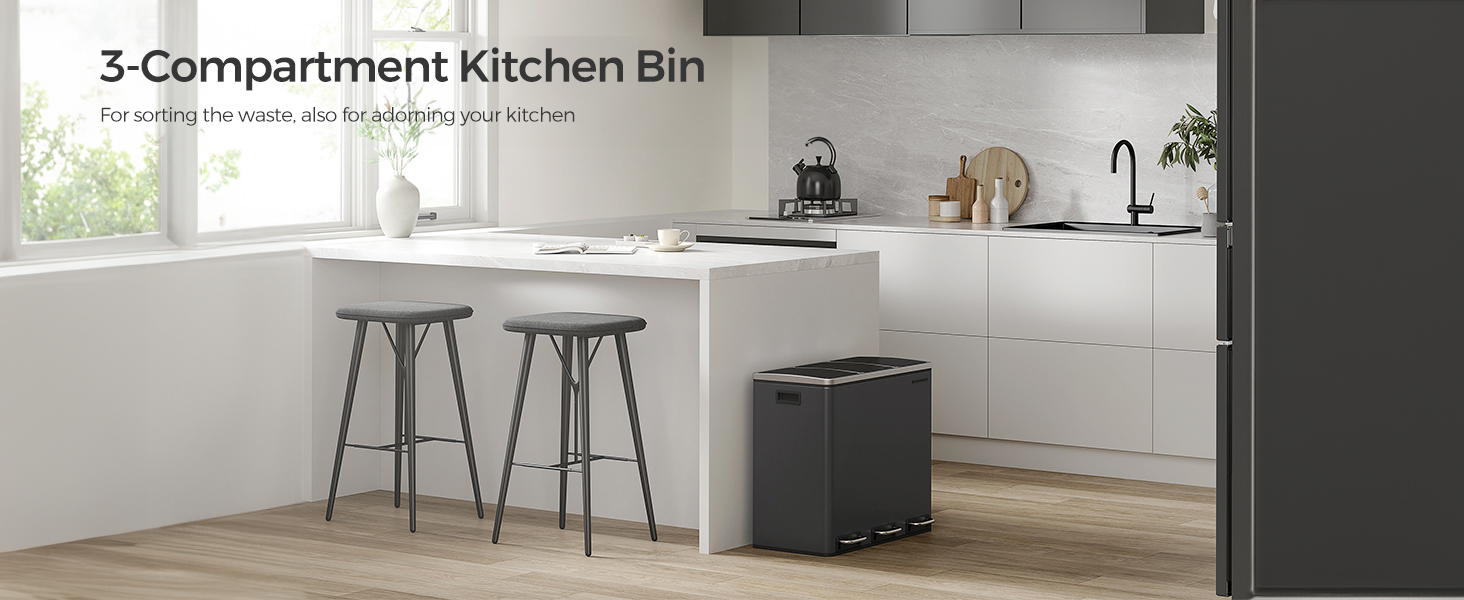 SONGMICS Cos de gunoi din inox cu 3 compartimente colectare selectiva, cu galeti interioare, 3x18litri, negru [8]