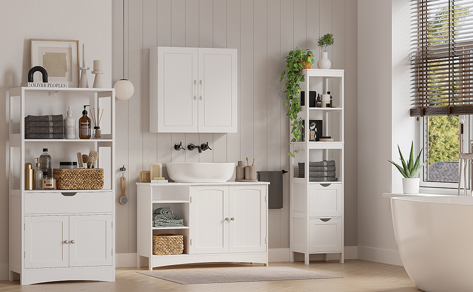 VASAGLE Dulap lavoar baie, cu 2 usi si un compartiment deschis cu rafturi reglabile, 90x30x60cm, alb [9]