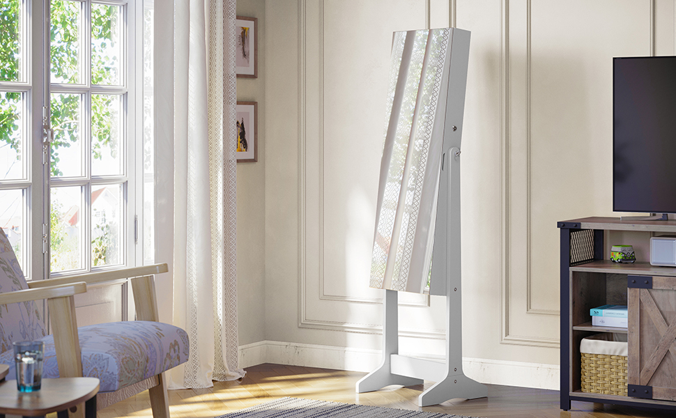 SONGMICS Oglinda de podea cu suport, design fara rama, cu spatiu de depozitare, 41x37x152cm, alb [9]