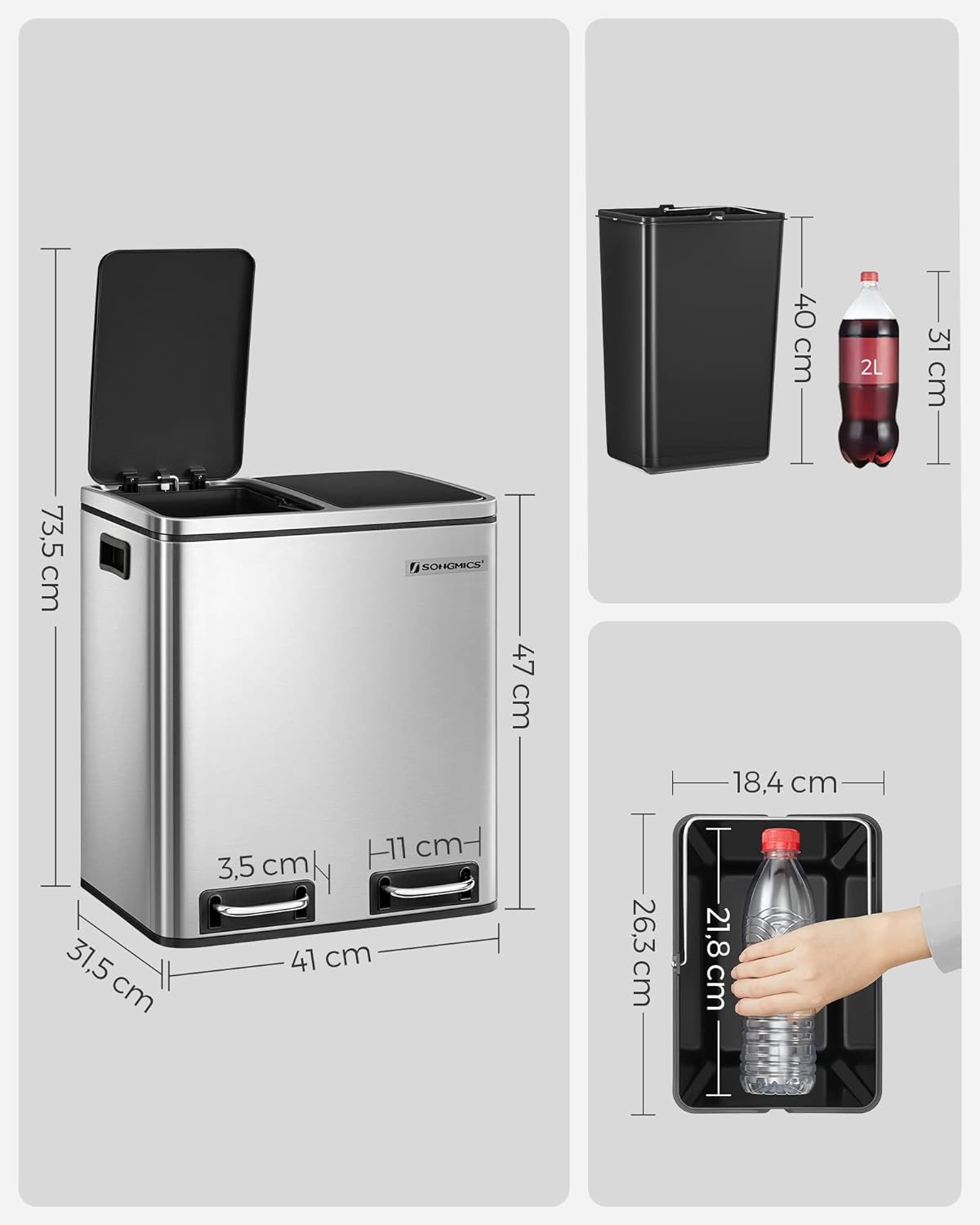 SONGMICS Cos de gunoi din inox cu 2 compartimente colectare selectiva, cu galeti interioare, 2x15litri, argintiu si negru [9]