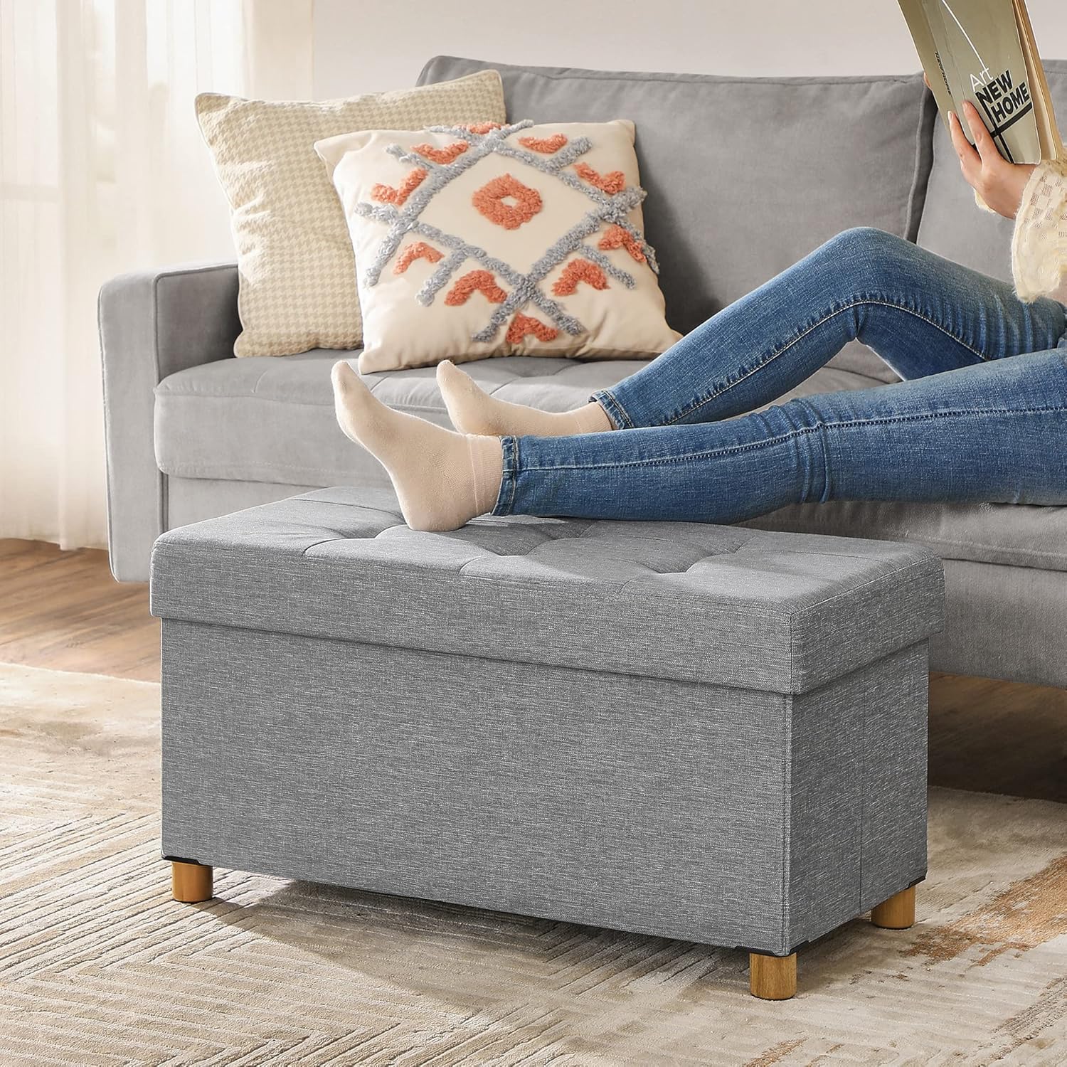 SONGMICS Taburet pliabil cu sezut moale, spatiu de depozitare, maxim 300 kg, 76x38x40 cm, gri deschis [9]