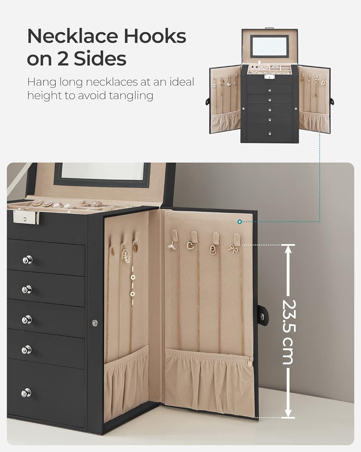 SONGMICS Cutie de bijuterii 6 nivele, 5 sertare, oglinda, suport ceasuri, incuietoare, 16x26x32cm, negru [9]