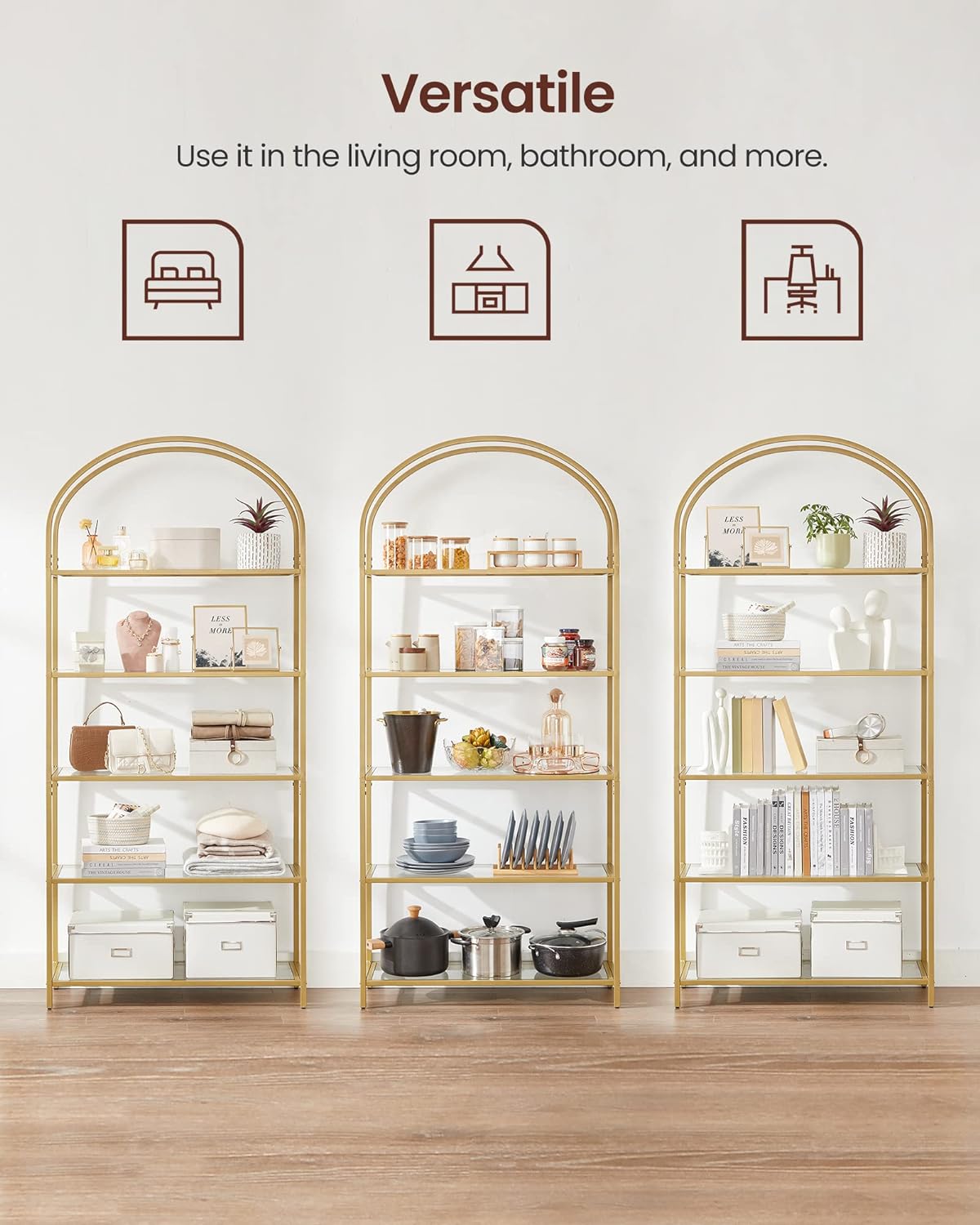 VASAGLE Raft cu trepte pentru dormitor, 5 etaje, din sticla securizata, cadru din otel cu arcada, 83x30x184cm, auriu [9]