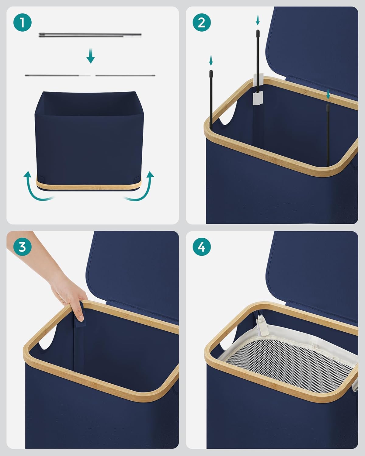 SONGMICS Cos de rufe textil, pliabil, compartiment detasabil, 90L, 42x32x71 cm, albastru [9]