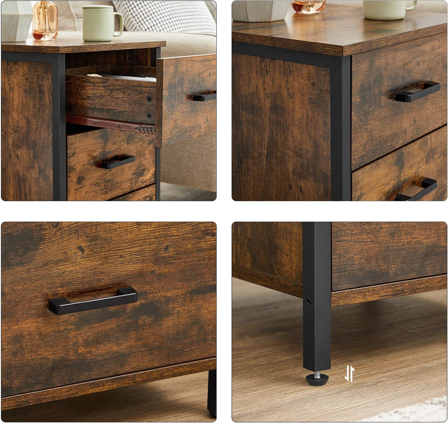 VASAGLE Noptiera cu 3 sertare pentru dormitor, design industrial, 40x40x60cm, maro rustic [9]