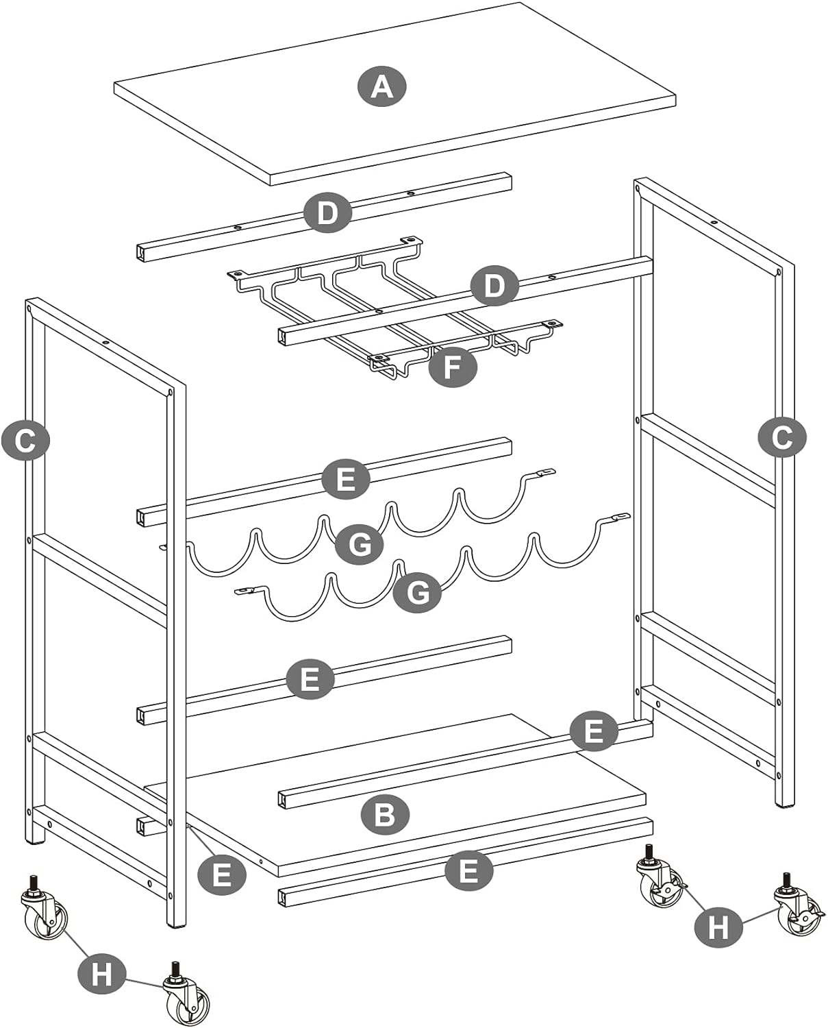 VASAGLE Carucior de servire pe roti, cu suport pentru sticle si pahare de vin, 40x60x82cm, Industrial, Vintage Maro/Negru [9]