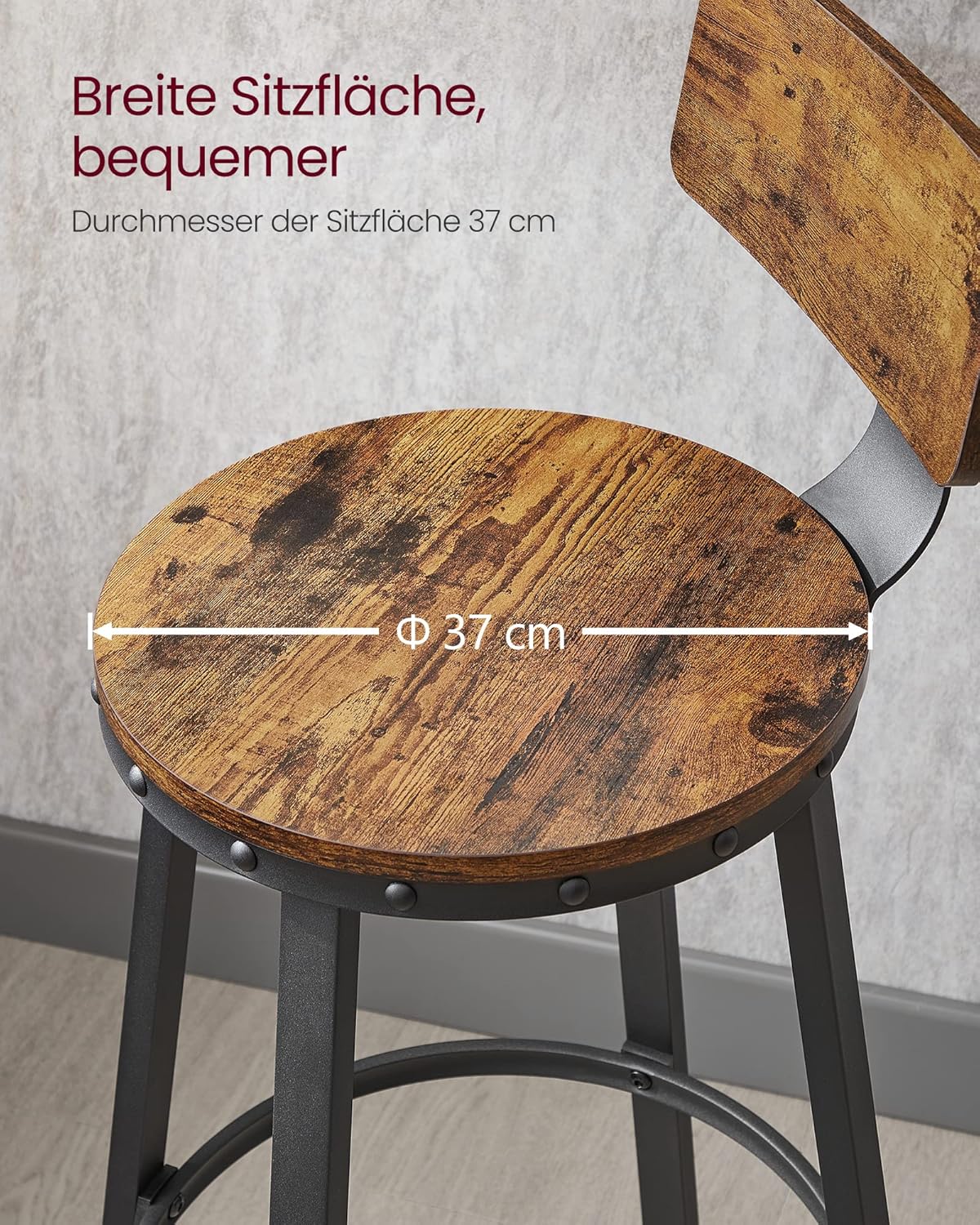 VASAGLE Set de 2 scaune de bar inalte cu spatar, cadru din otel, industrial, 51x89cm, maro rustic [9]